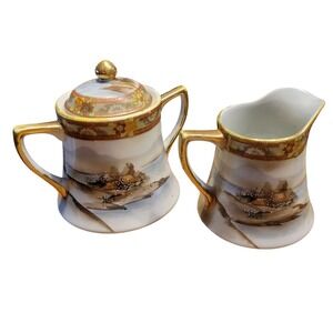 Vintage Japanese Porcelain Sugar Bowl Creamer Set Mt Fuji Landscape Gold Trim
